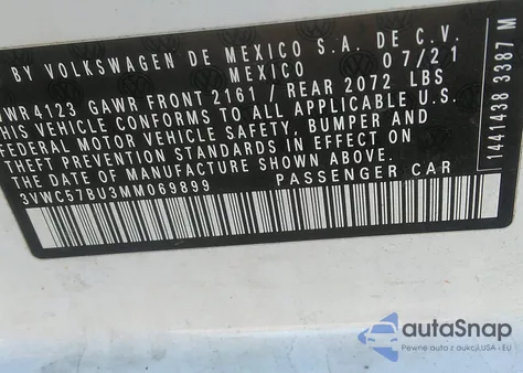 2021 Volkswagen Jetta 1.4T R-Line/1.4T S/1.4T Se z USA, uszkodzony, nr VIN 3VWC57BU3MM069899